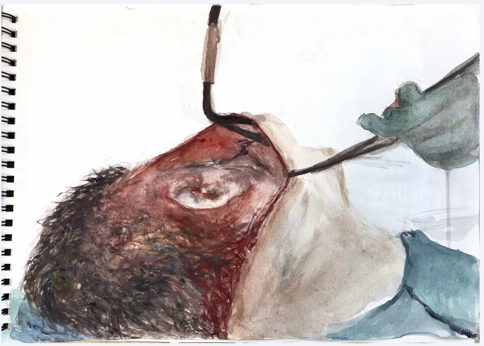 红褐色、纸白色与蓝绿色交织的人物水彩画